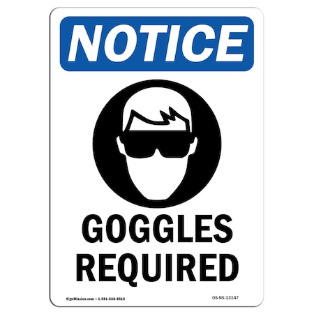 OSHA Notice Sign, Goggles Required With Symbol, 14in X 10in Decal